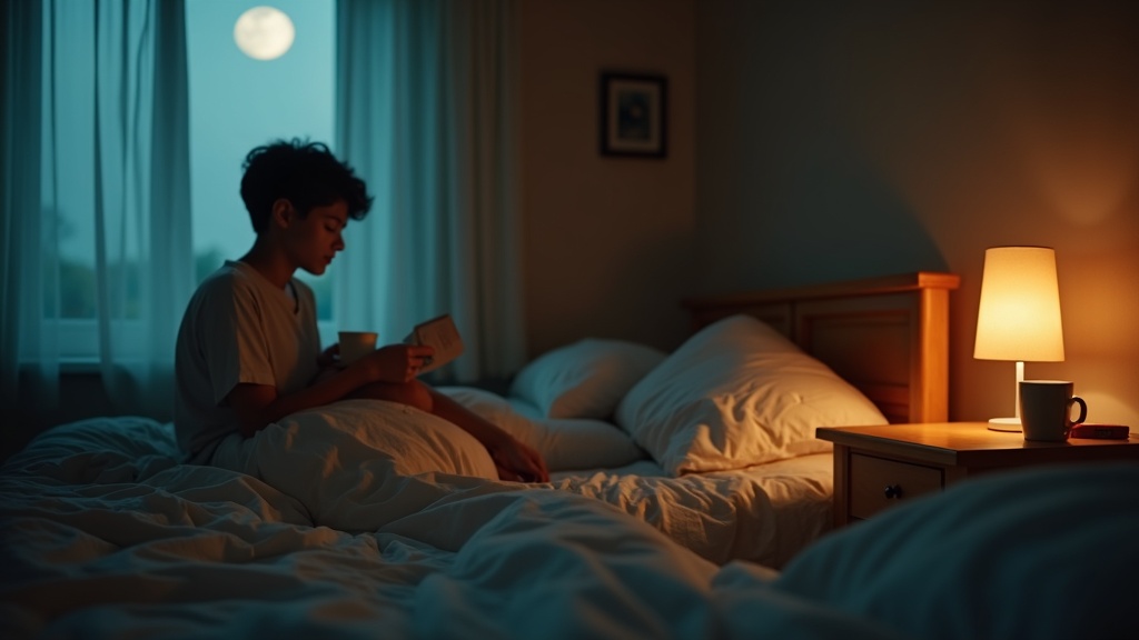 A thoughtful person at bedside examines herbal teas in soft evening light, with contrasting moonlight and lamp glow highlighting a calm, contemplative mood.