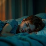 A teenage boy adjusting his pillow in a softly lit bedroom, caught between morning and evening light, reflecting the struggle for restful sleep.