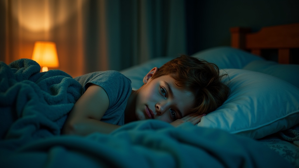 A teenage boy adjusting his pillow in a softly lit bedroom, caught between morning and evening light, reflecting the struggle for restful sleep.