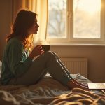 A contemplative adult sits on an unmade bed at sunrise, sipping tea in a disorderly bedroom, reflecting on stress and rest.