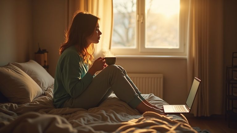 A contemplative adult sits on an unmade bed at sunrise, sipping tea in a disorderly bedroom, reflecting on stress and rest.
