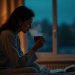 A person in pajamas sits on their bed at dusk, thoughtfully holding a steaming cup near a warmly lit nightstand, highlighting evening caffeine and its impact on sleep.