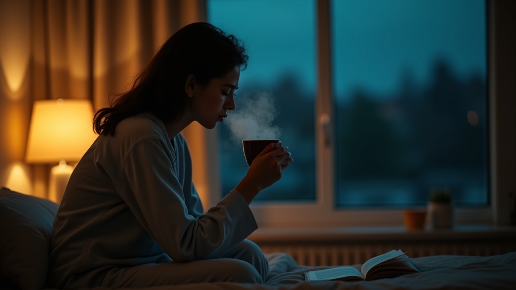 A person in pajamas sits on their bed at dusk, thoughtfully holding a steaming cup near a warmly lit nightstand, highlighting evening caffeine and its impact on sleep.