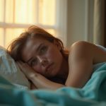 A young adult lying awake in bed at sunrise, appearing contemplative about their sleep struggles in a softly lit, cozy bedroom.
