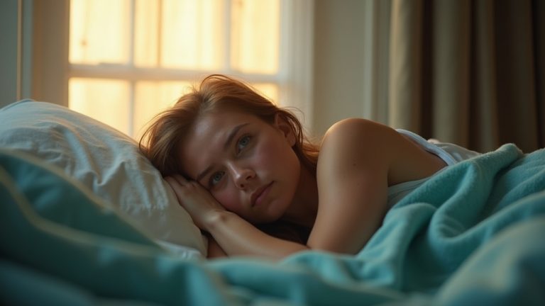 A young adult lying awake in bed at sunrise, appearing contemplative about their sleep struggles in a softly lit, cozy bedroom.