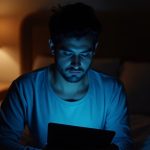 A young adult sits on a bed in soft evening light, illuminated by a cool-toned tablet and a warm bedside lamp, reflecting on nightly screen use.