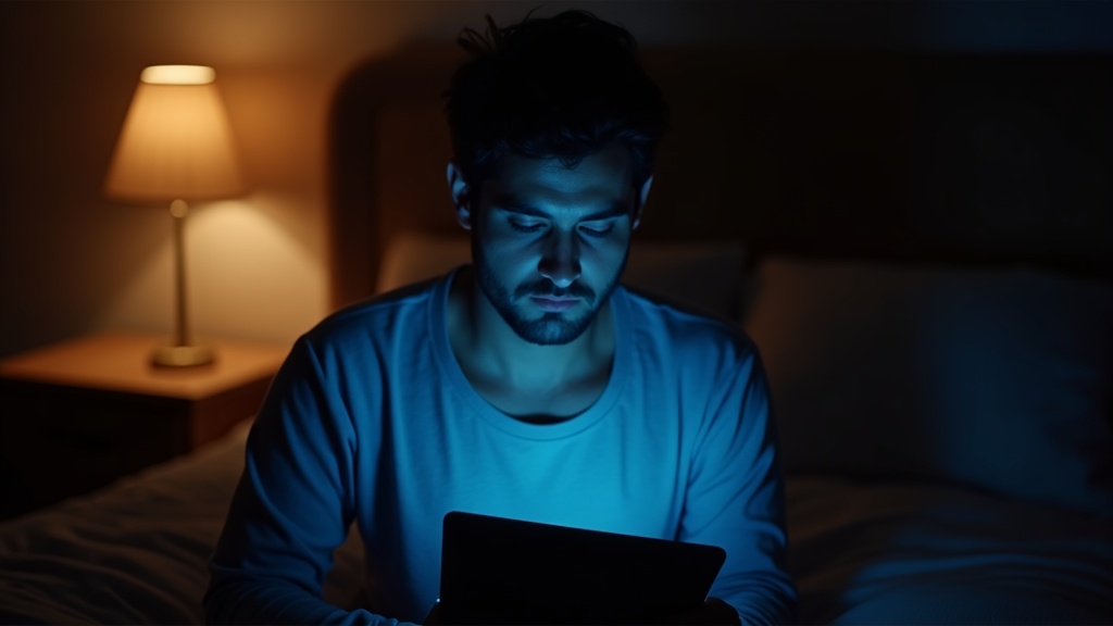A young adult sits on a bed in soft evening light, illuminated by a cool-toned tablet and a warm bedside lamp, reflecting on nightly screen use.