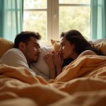 A couple sharing a bed in the morning with subtle tension visible, each seeking personal space amid warm bedding and gentle natural light.