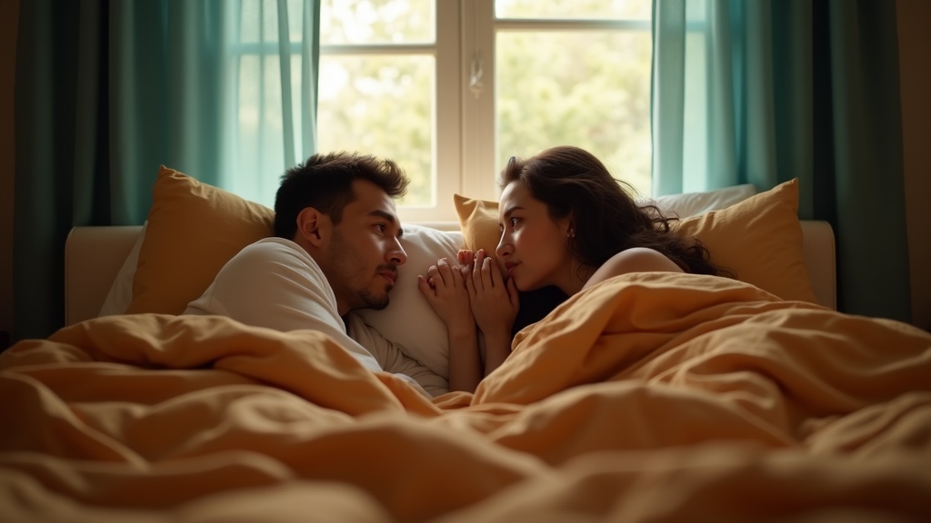 A couple sharing a bed in the morning with subtle tension visible, each seeking personal space amid warm bedding and gentle natural light.