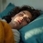 Person in their thirties shifting sleep positions in a warmly lit bedroom, highlighting restless movement and the cozy, textured bedding.
