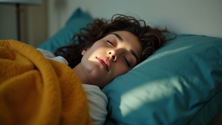 Person in their thirties shifting sleep positions in a warmly lit bedroom, highlighting restless movement and the cozy, textured bedding.