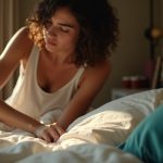 Person in casual clothes straightening bed linens in a warmly lit, comfortable bedroom with natural light highlighting cozy details and lived-in touches.