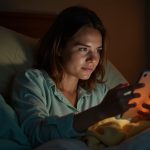 A person in their thirties relaxes in bed at night, focused on a tablet that softly illuminates their face, highlighting the interplay of ambient bedside lighting and cozy surroundings.