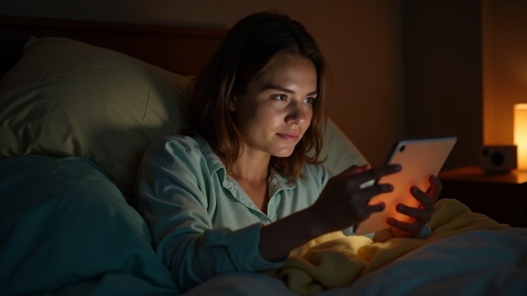 A person in their thirties relaxes in bed at night, focused on a tablet that softly illuminates their face, highlighting the interplay of ambient bedside lighting and cozy surroundings.
