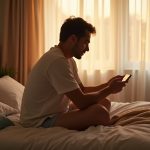 A young adult in a softly lit bedroom examines a sleep tracker, surrounded by cozy bedding and early morning light, reflecting on sleep habits.