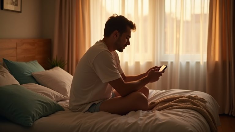A young adult in a softly lit bedroom examines a sleep tracker, surrounded by cozy bedding and early morning light, reflecting on sleep habits.