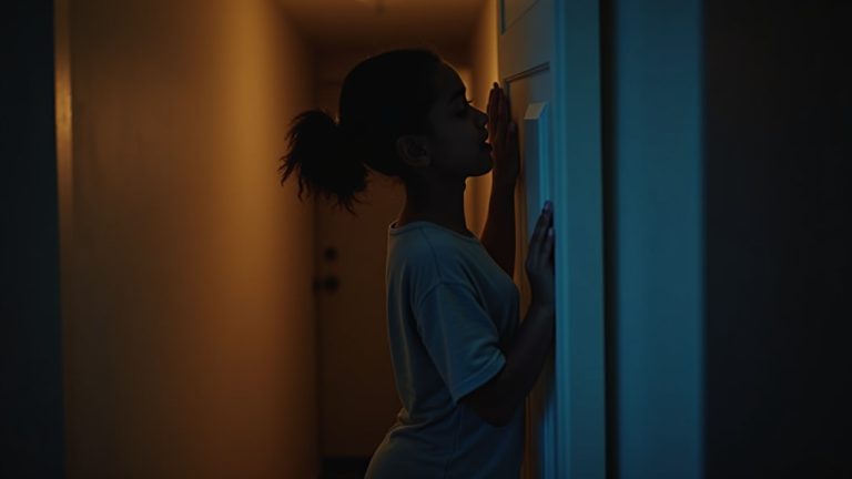 A parent quietly closes a child’s bedroom door under warm lamp light, capturing a peaceful moment near bedtime.