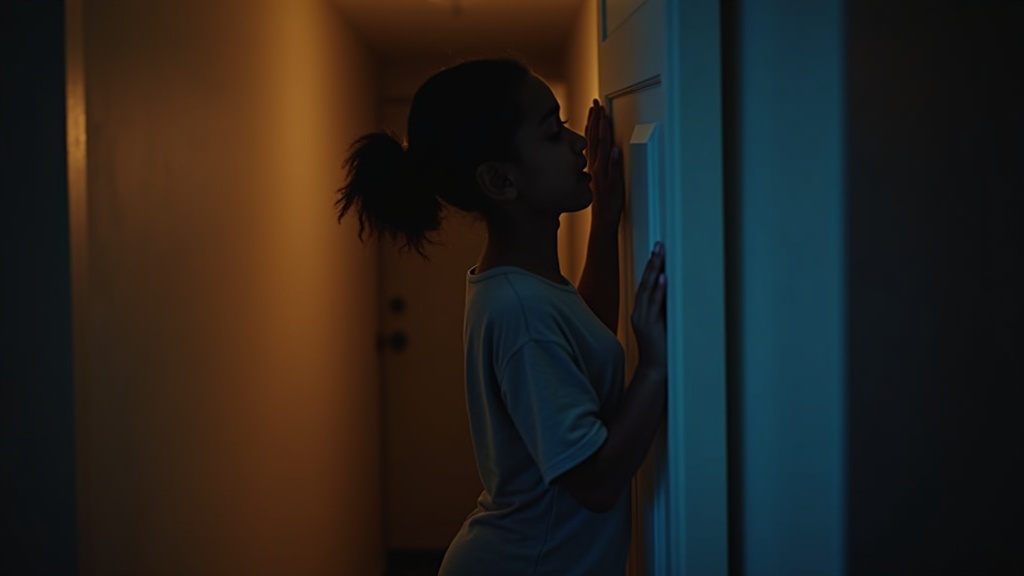 A parent quietly closes a child’s bedroom door under warm lamp light, capturing a peaceful moment near bedtime.