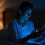 A person in a dim bedroom sits on bed illuminated by a blue screen and warm lamp, reflecting on nighttime screen use and its effect on sleep.
