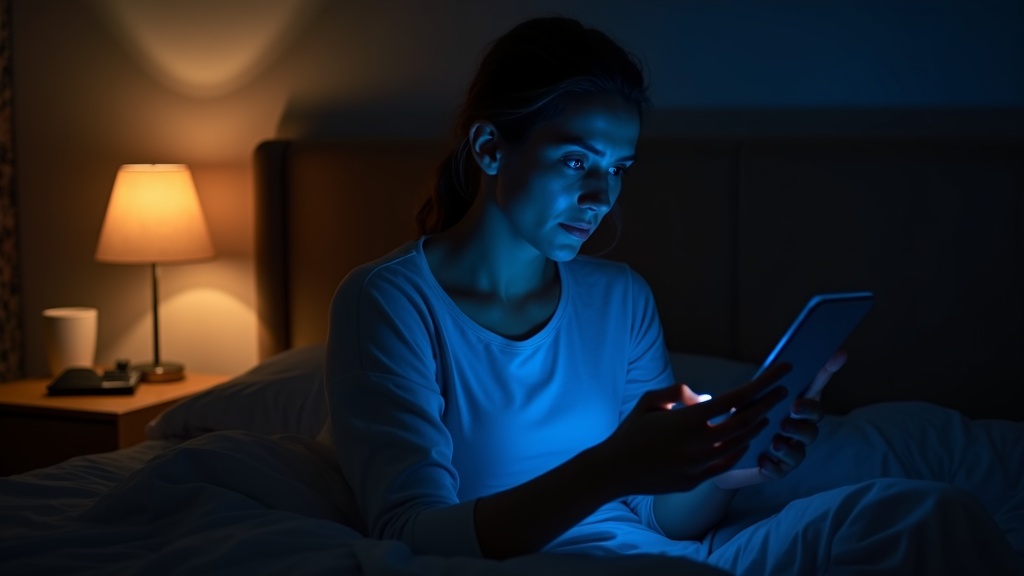 A person in a dim bedroom sits on bed illuminated by a blue screen and warm lamp, reflecting on nighttime screen use and its effect on sleep.