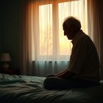 An older adult in a softly lit bedroom at dawn sits on the bed and looks out the window, reflecting on changes to sleep with age.