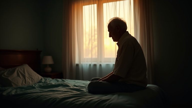 An older adult in a softly lit bedroom at dawn sits on the bed and looks out the window, reflecting on changes to sleep with age.