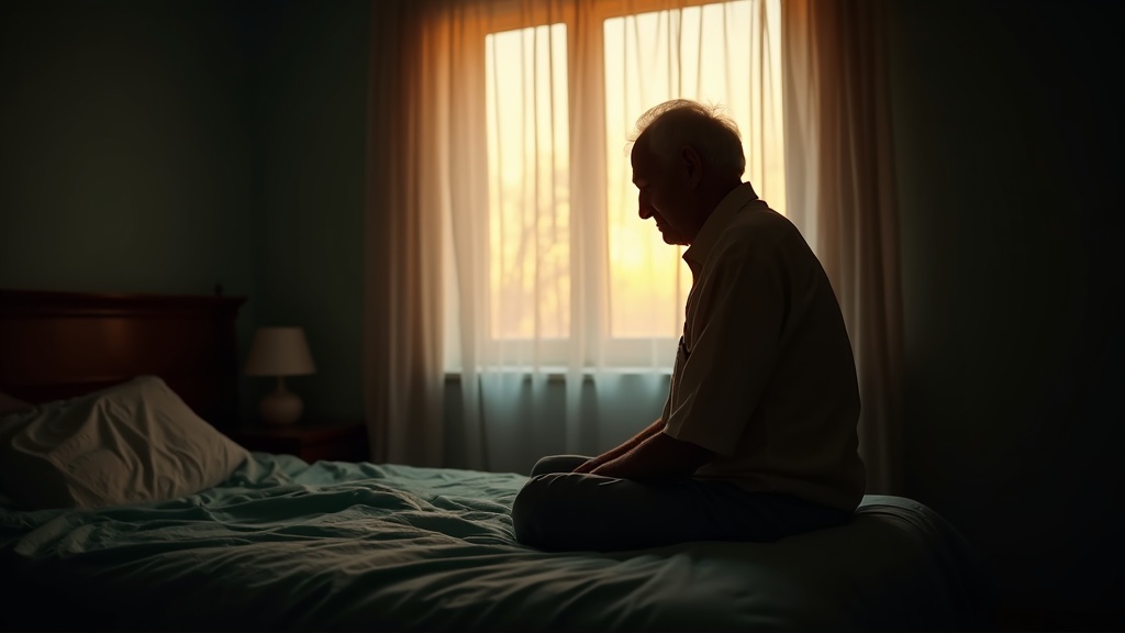 An older adult in a softly lit bedroom at dawn sits on the bed and looks out the window, reflecting on changes to sleep with age.