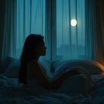 Person sitting upright in bed at night, gazing out a window with moonlight filtering through sheer curtains, expressing quiet contemplation in a softly lit bedroom.