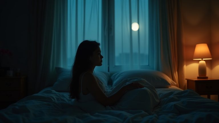 Person sitting upright in bed at night, gazing out a window with moonlight filtering through sheer curtains, expressing quiet contemplation in a softly lit bedroom.