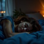 A thoughtful young adult rests on a bed illuminated by moonlight and a bedside lamp, reflecting a moment of nighttime introspection amid a cozy, urban bedroom.