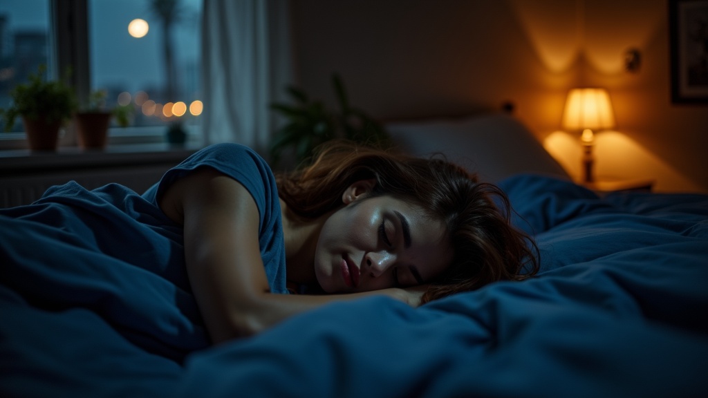 A thoughtful young adult rests on a bed illuminated by moonlight and a bedside lamp, reflecting a moment of nighttime introspection amid a cozy, urban bedroom.