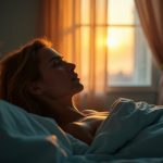Person in their 30s sitting up in bed at dawn, softly lit by warm window light, looking thoughtful in a serene but slightly frustrated bedroom setting.