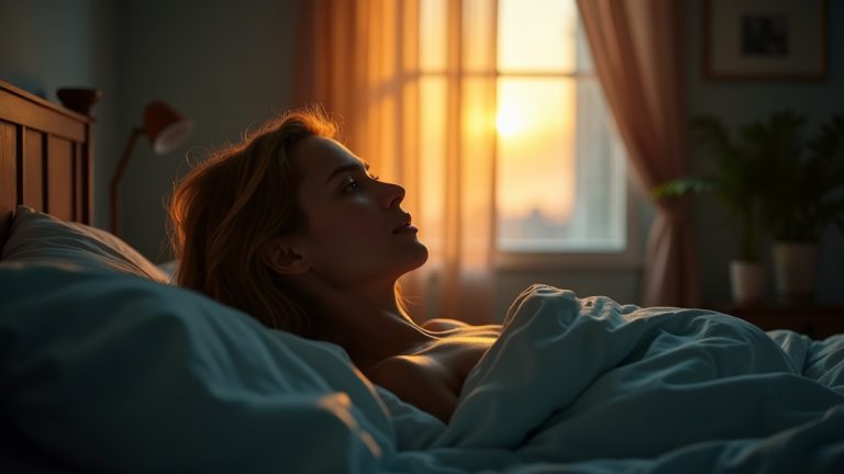 Person in their 30s sitting up in bed at dawn, softly lit by warm window light, looking thoughtful in a serene but slightly frustrated bedroom setting.