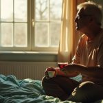 A middle-aged person sits thoughtfully on the edge of an unmade bed in a softly lit bedroom, illuminated by morning sunlight through a window.