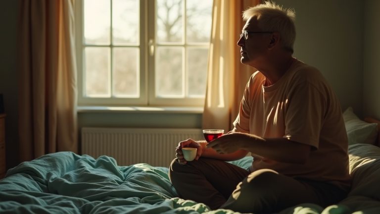 A middle-aged person sits thoughtfully on the edge of an unmade bed in a softly lit bedroom, illuminated by morning sunlight through a window.