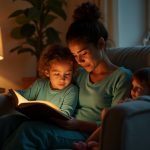 Parent reading a bedtime story to a child under warm lamplight, with another child peeking from behind a chair in a lively evening living room.
