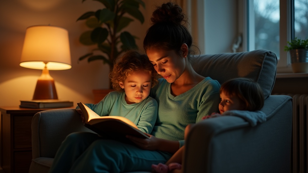 Parent reading a bedtime story to a child under warm lamplight, with another child peeking from behind a chair in a lively evening living room.
