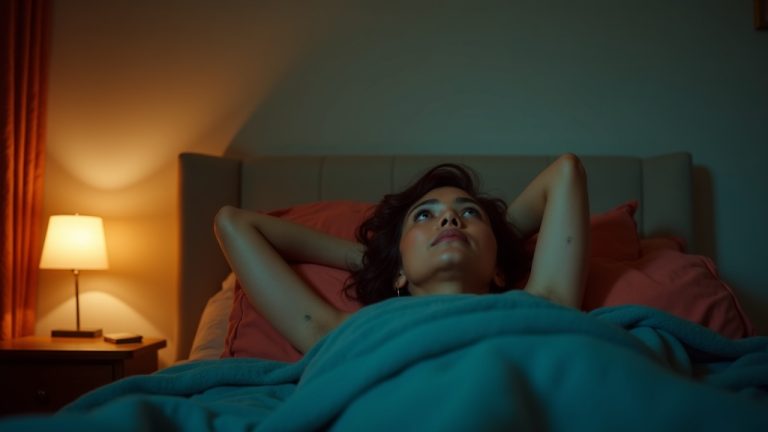 An adult lying awake in bed at night, gazing at the ceiling with thoughtful eyes, surrounded by warm lighting and soft, textured bedding.