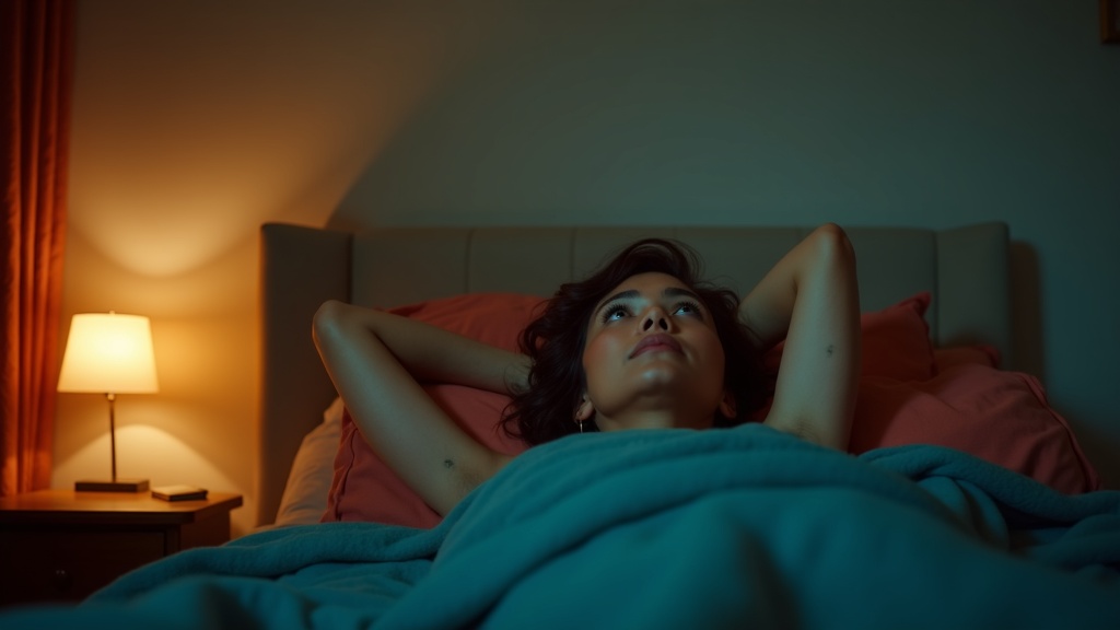 An adult lying awake in bed at night, gazing at the ceiling with thoughtful eyes, surrounded by warm lighting and soft, textured bedding.