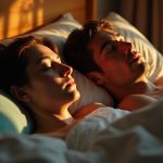 A couple in bed at dawn, one peacefully asleep and the other awake and thoughtful, illuminated by warm morning light.