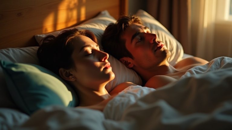 A couple in bed at dawn, one peacefully asleep and the other awake and thoughtful, illuminated by warm morning light.