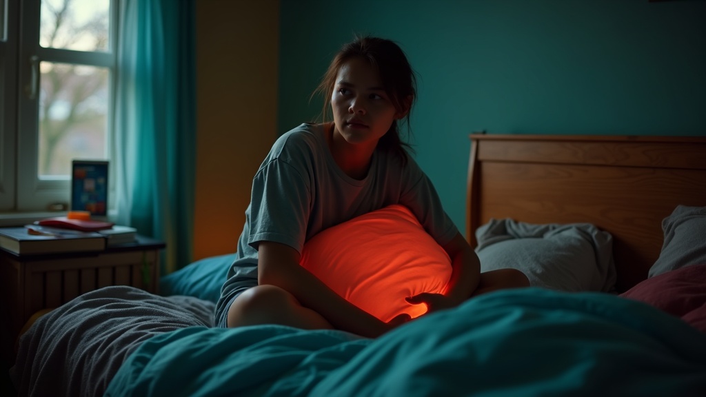 A teen with a tired expression sits on their bed in a dim bedroom at dusk, surrounded by scattered clothes and open books, highlighting subtle signs of sleep struggles.