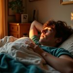A young adult arranges a pillow on a cozy bed in a small, warmly lit bedroom, highlighting affordable comfort in a lived-in space.