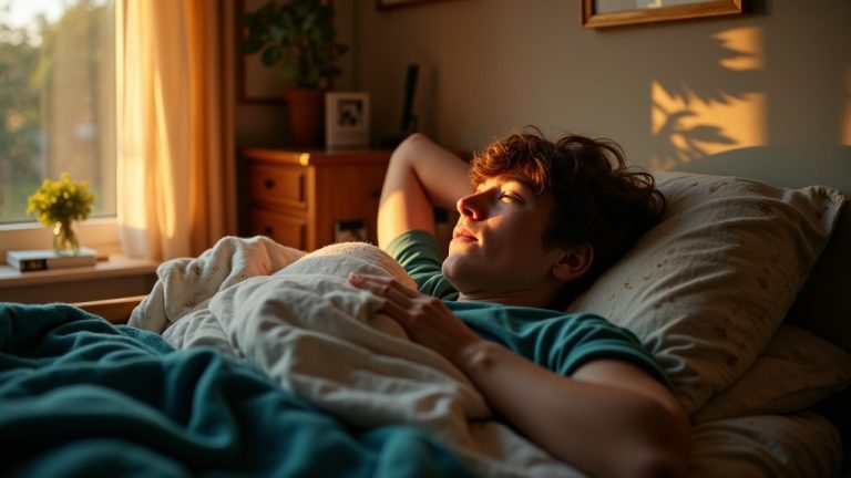 A young adult arranges a pillow on a cozy bed in a small, warmly lit bedroom, highlighting affordable comfort in a lived-in space.