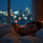 A young adult lying awake in a warmly lit bedroom at night, looking outside a city window with a thoughtful, restless expression.