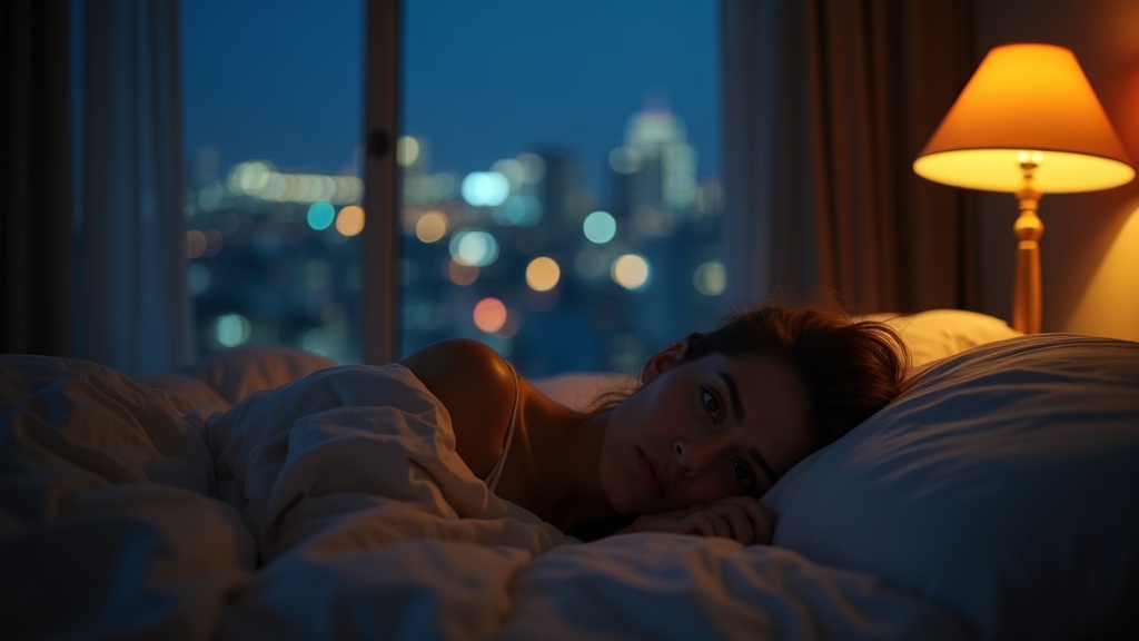 A young adult lying awake in a warmly lit bedroom at night, looking outside a city window with a thoughtful, restless expression.