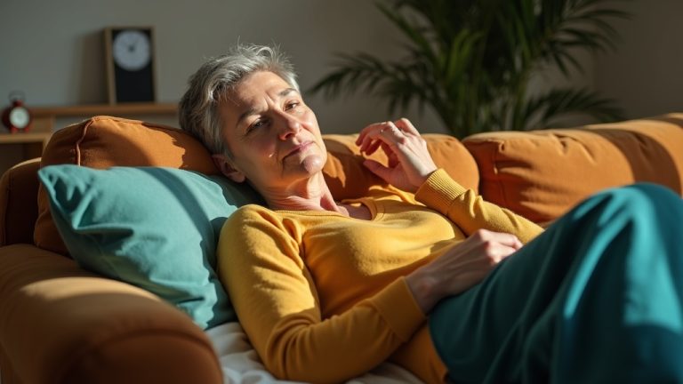 An adult reclining on a sunlit couch in a cozy living room, appearing relaxed and thoughtful, with a teal pillow and a clock in the soft-lit background.