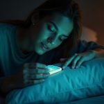 A thoughtful young adult adjusts their pillow in a softly lit bedroom while a sleep tracker screen casts a gentle teal glow on their face and hands.