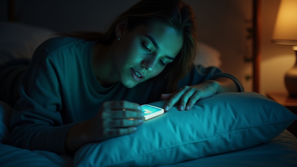 A thoughtful young adult adjusts their pillow in a softly lit bedroom while a sleep tracker screen casts a gentle teal glow on their face and hands.