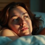 Person lying awake in bed in soft morning light, appearing tired and thoughtful amidst a cozy, slightly cluttered bedroom.